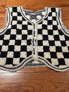 Checkerboard Crochet Vest in Black and Cream